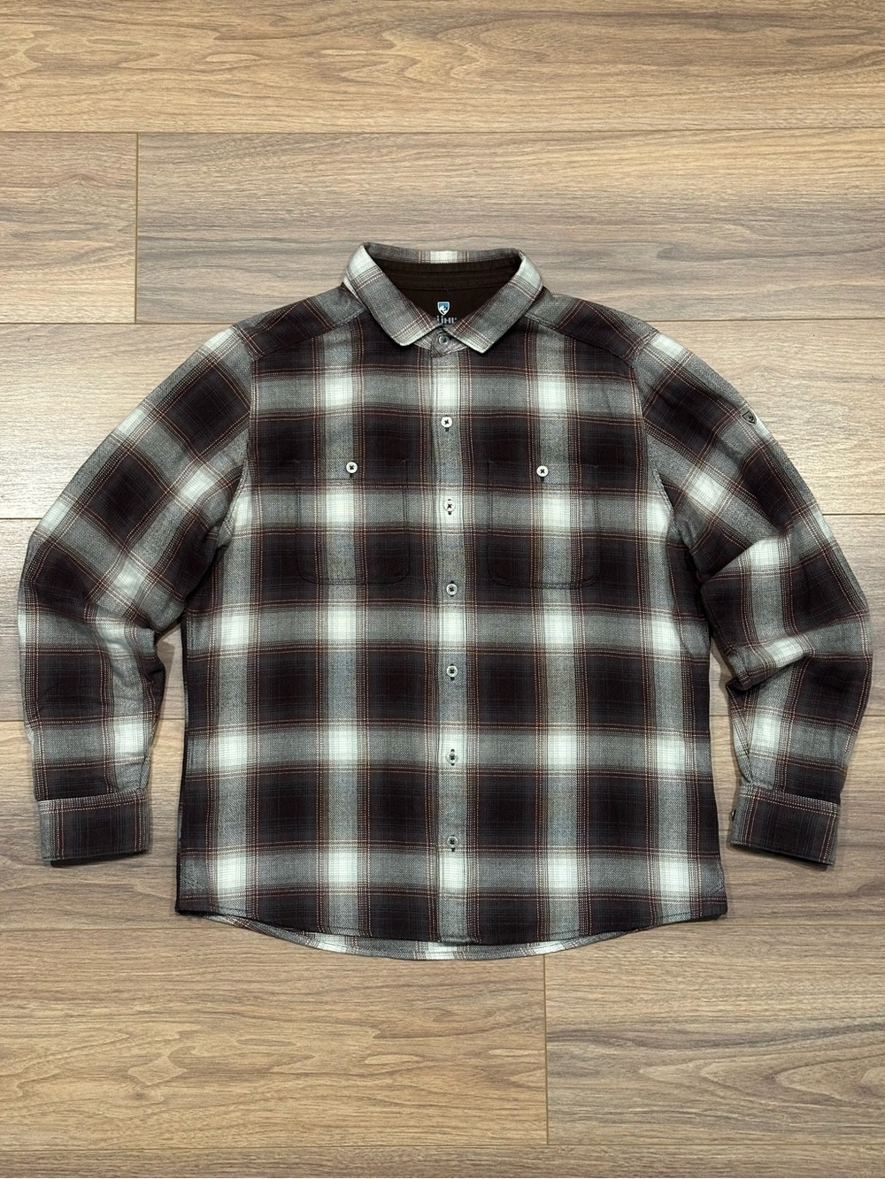 Kuhl The Law Flannel in Brown/Gray/White Plaid Size Medium
